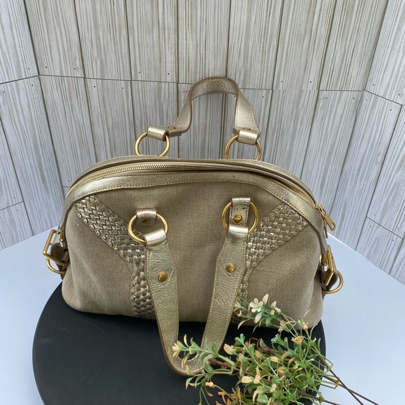 Yves Saint Laurent Muse Tan Canvas Leather Satchel Handbag Gold Tone Hardware - Picture 5 of 12